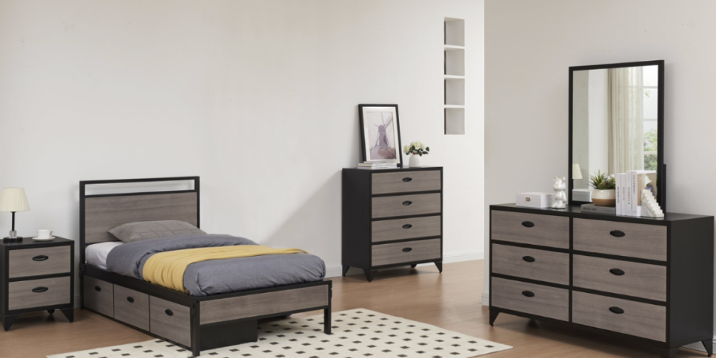 Bedroom with bed, dresser, and mirror, creating a cozy and functional space for relaxation and getting ready.
