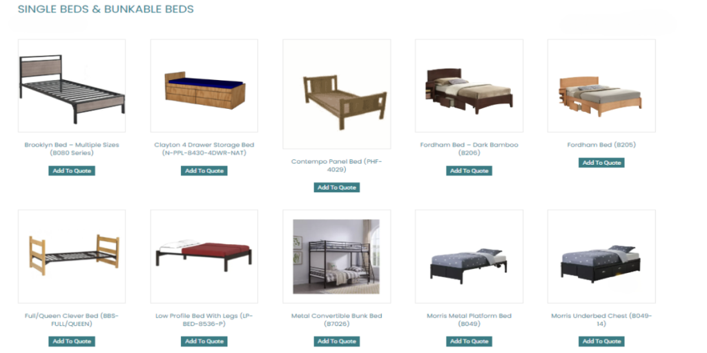 Various types of beds displayed on a website, including platform beds, bunk beds, and canopy beds. 