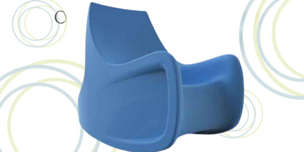 A ligature-resistant radial rocker chair, featuring circular shapes, is depicted in this image of a blue chair.