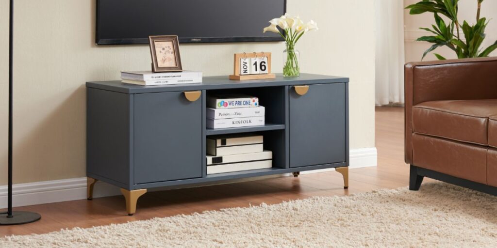 Astoria TV Stand with shelf and bookshelf, perfect for organizing entertainment equipment stylishly.