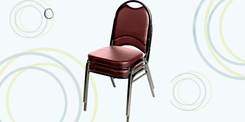 A red seat chair with metal legs, the Banquet Stack Chair, perfect for multipurpose rooms, comfortable and stackable.