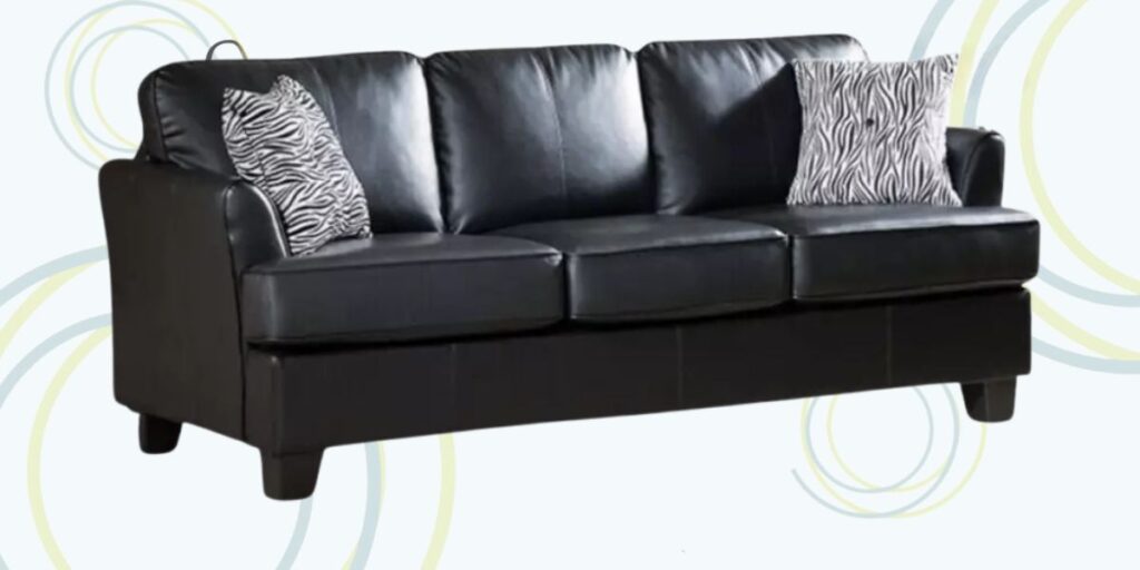 Black leather couch with zebra print pillows, the Brighton sofa is ideal for common areas and lounges.