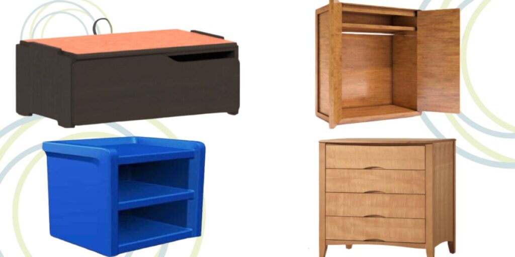 Assorted furniture for healthcare settings: wardrobes, cabinets, shelving units with locking mechanisms for safety and organization.