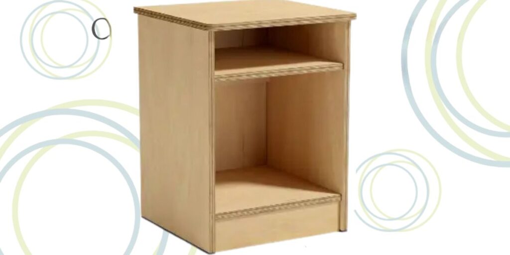 A sturdy wooden nightstand with reinforced construction and practical storage solutions, designed for shelter environments.