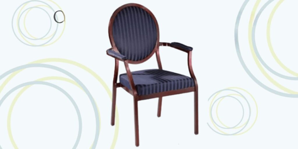 A stylish blue striped seat and armrest chair, designed for safety and easy maintenance in group homes.