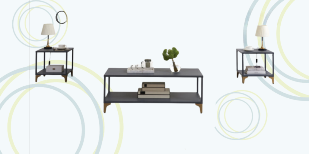 A set of three metal tables featuring a lamp and a vase, designed for durability and versatility in communal spaces.