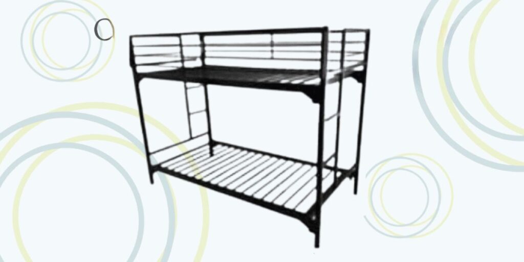 A sturdy metal bunk bed with a ladder, featuring a square tube deck and ample under-bed storage space for efficiency.
