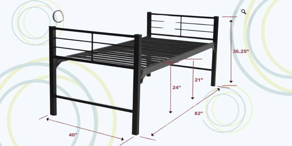 Black metal bed frame with measurements, designed for flexibility and safety in patient room setups, cost-effective and comfortable.