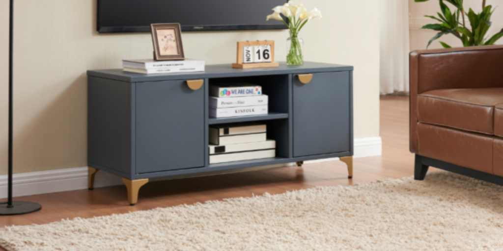 A cozy living room featuring a wall-mounted TV, complemented by stylish metal storage cabinets for secure organization.