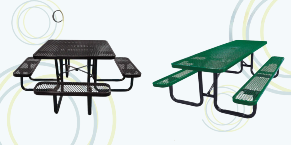 Two colorful picnic tables showcasing different styles, designed for durability and weather resistance in outdoor settings.
