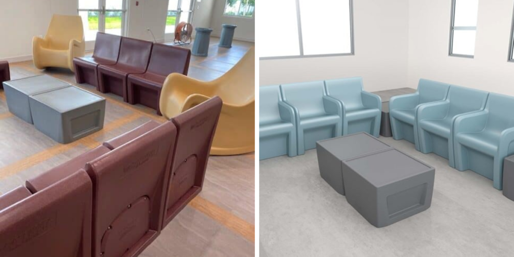 Two images of a waiting room featuring molded plastic chairs and tables in various colors and styles for a calming atmosphere.