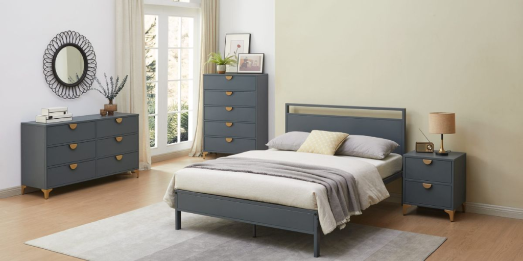 A cozy bedroom featuring a bed, dresser, and nightstand, designed to be resistant to bed bugs with specialized materials.