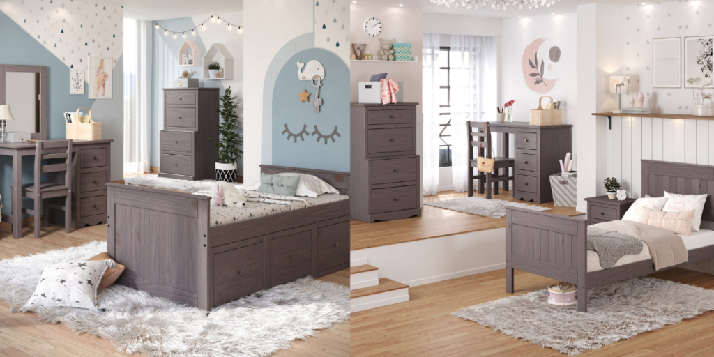 A cozy bedroom featuring a bed, dresser, and desk, designed for comfort and functionality in a welcoming environment.