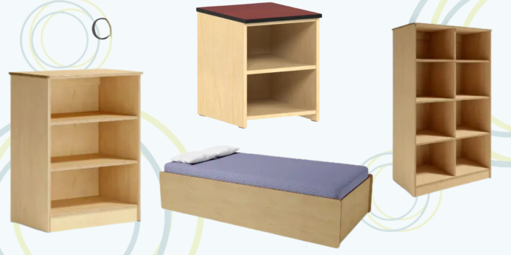 A diverse selection of ligature-resistant furniture designed for safety and comfort in high-risk environments.
