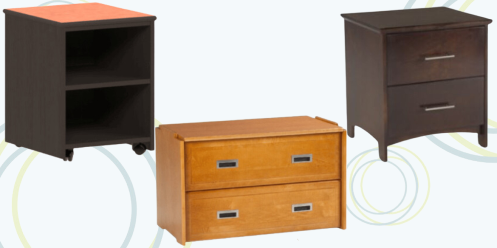 Three types of durable nightstands with drawers, designed for group homes, featuring scratch-resistant finishes and compact designs.
