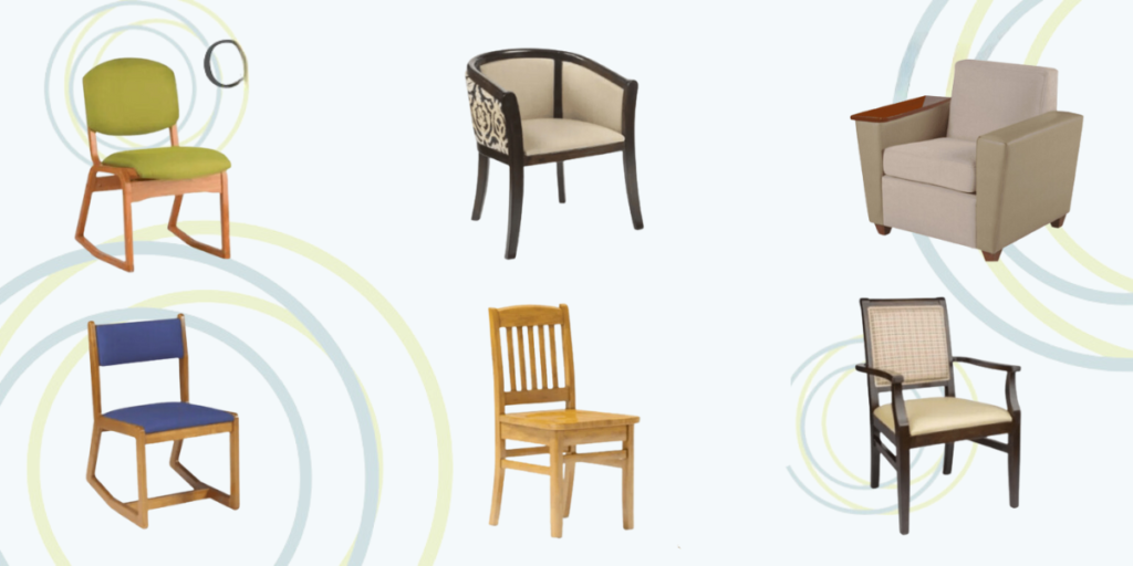 A collection of colorful, stylish occasional chairs designed for durability in crisis housing and high-demand environments.