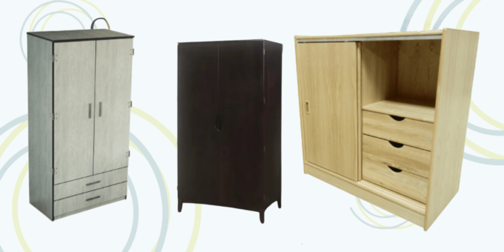Wooden furniture display featuring three styles, including a sturdy wardrobe designed for supportive housing storage solutions.