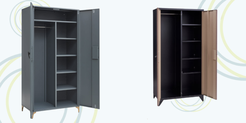 Two metal storage cabinets of different designs, showcasing versatility in storage solutions for various needs.
