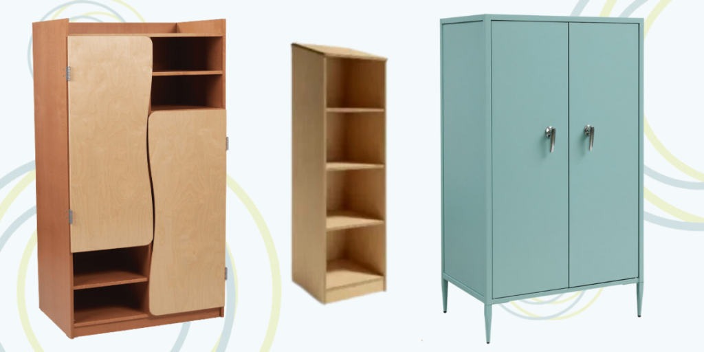 A diverse selection of storage cabinets made from metal, wood, and laminate, showcasing various styles and functionalities.