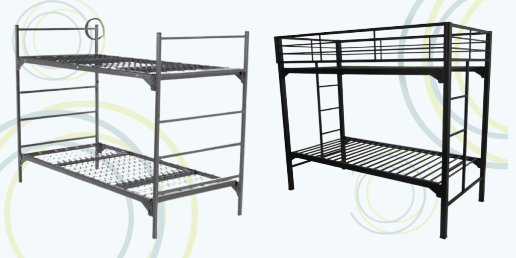 Two metal bunk beds with sturdy frames and legs, designed for durability and space efficiency in group homes or shelters.