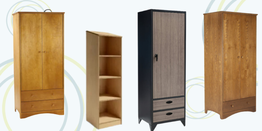 A trio of wooden cabinets featuring drawers, ideal for efficient storage solutions in nonprofit facilities.