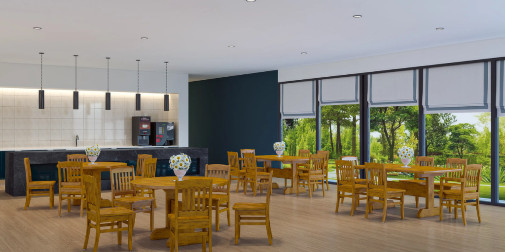 A cozy restaurant featuring wooden tables and chairs, designed for comfortable communal dining and conversation.