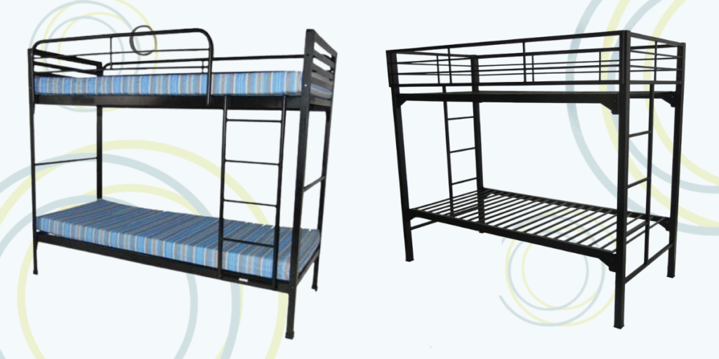 Bunk beds featuring blue and black stripes, designed for efficient and organized sleeping arrangements in facilities.