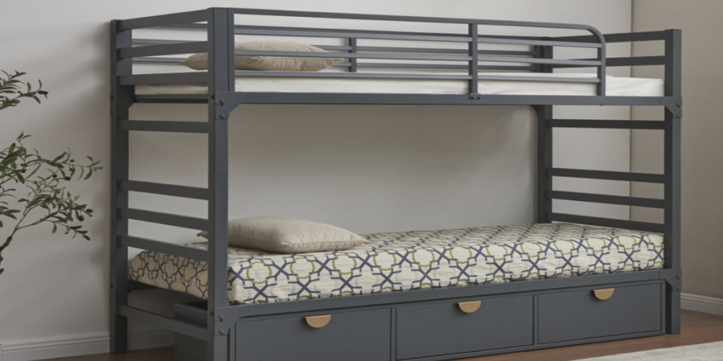 Bunk bed featuring integrated drawers and a comfortable mattress, designed for durability and functionality in high-use environments.