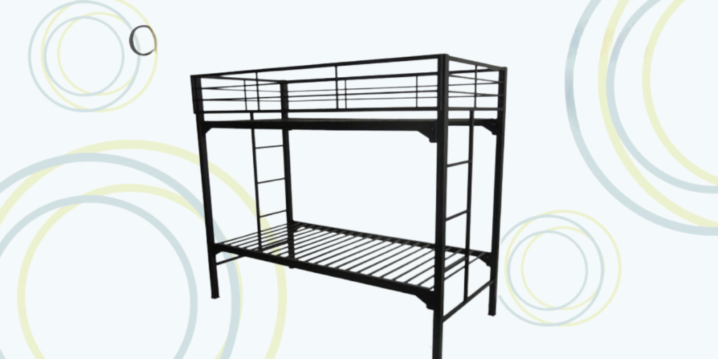 A sturdy black metal bunk bed featuring a secure ladder, designed for durability and adaptability in human services facilities.