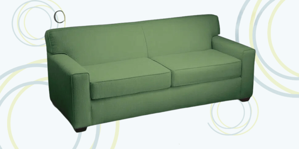 A green couch with a circular pattern, designed as a queen sleeper for durability and space efficiency in various settings.