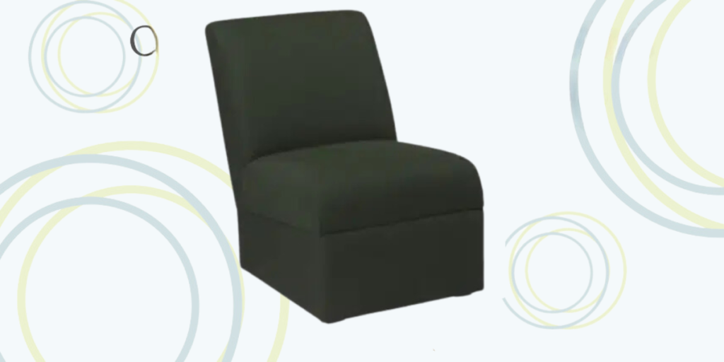 A sleek black chair positioned against a clean white background, emphasizing its modern design and simplicity.