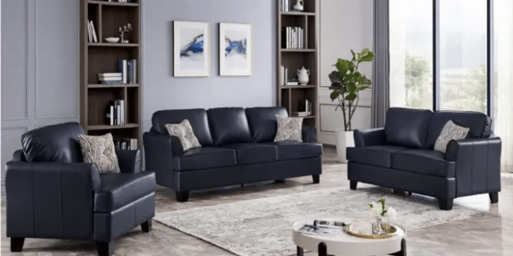 Living room featuring a stylish blue leather sofa set, ideal for comfort and modern aesthetics in any home setting.