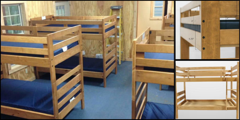 A collage of single bunk beds arranged in a room, showcasing efficient space use and organized living for residents.