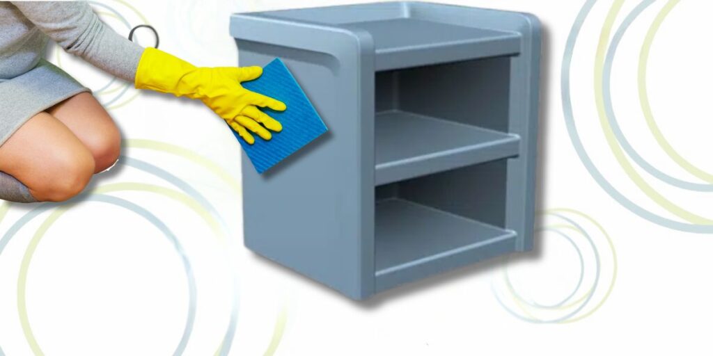 A woman cleans a shelf with a sponge, emphasizing hygiene in care settings to prevent infection and maintain cleanliness.