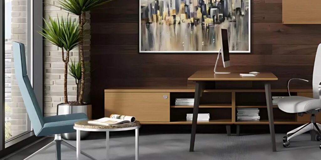 Modern office featuring a wooden desk, ergonomic chair, and a potted plant, designed to enhance productivity.
