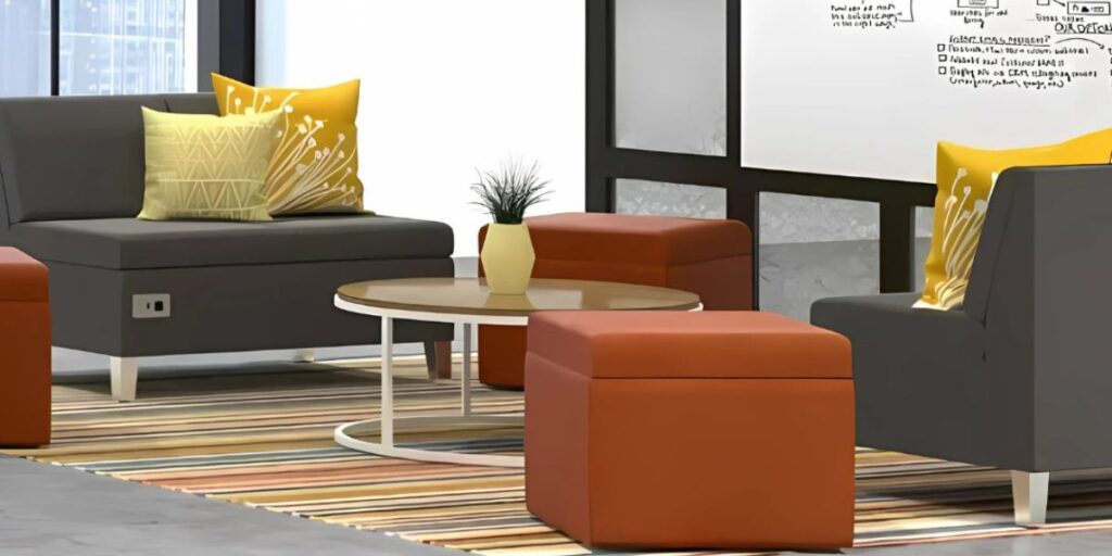 A modern office featuring a couch, ottoman, and coffee table, designed to enhance meeting room productivity.
