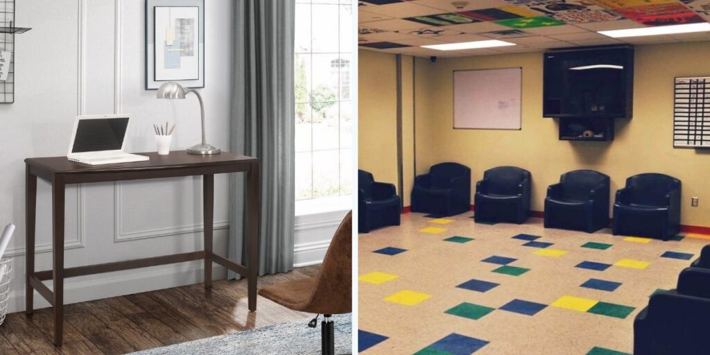Two images of a meeting room featuring chairs and a desk, showcasing a functional and organized workspace.