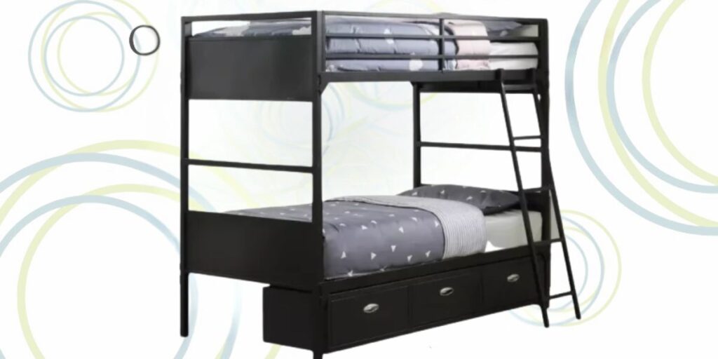 Bunk bed with a ladder, featuring an upper and lower sleeping area, suitable for various accessibility needs.