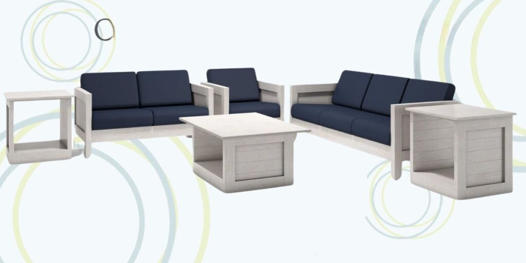 White and blue modular furniture set with blue cushions, designed for flexible and space-saving healthcare environments.