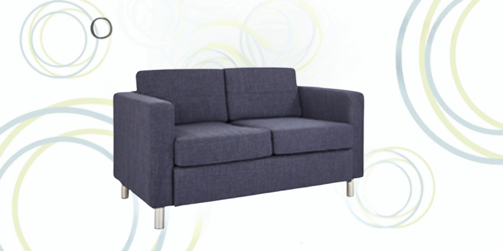 A blue couch surrounded by circles, designed for a therapy office to promote comfort and open communication.