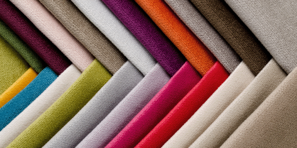 Colorful fabric samples arranged in a row, showcasing various textures and finishes for healthcare furniture design.