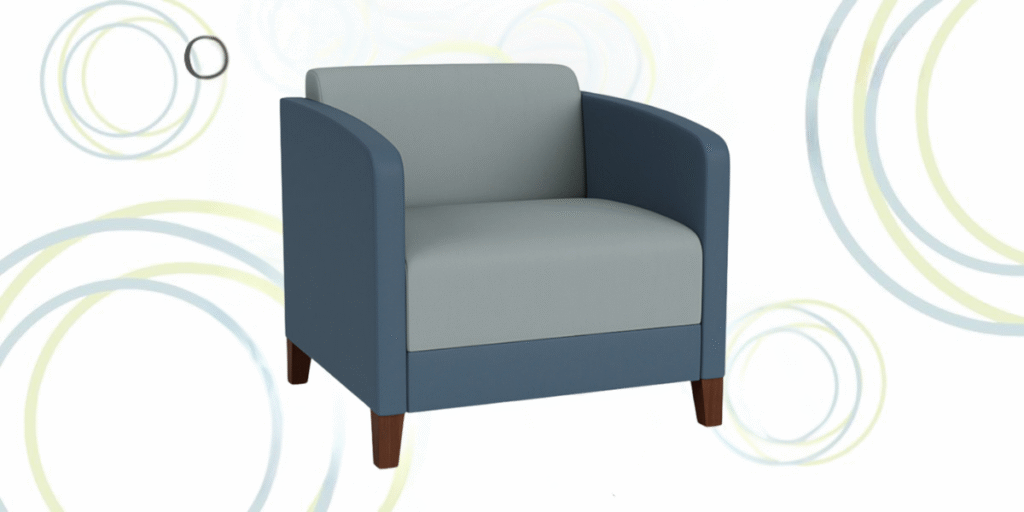 Chair with a blue seat and gray back, designed for comfort and support in a therapy office setting.