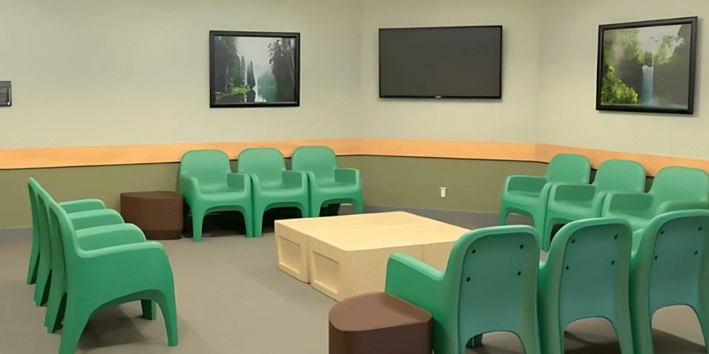 A waiting area featuring green chairs and a table, designed for comfort and accessibility in a therapy office setting.