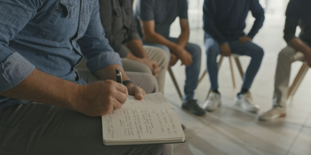 A group of people sitting in a circle, with a man writing notes in a notebook, discussing budgeting for bulk orders.