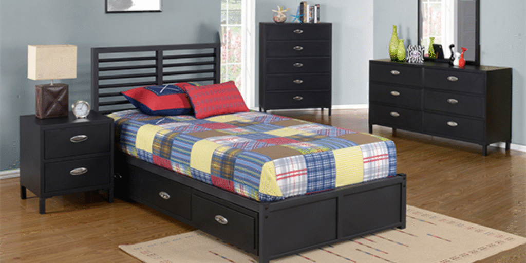 A cozy bedroom featuring a bed, dresser, and nightstand, ideal for showcasing ready-to-ship furniture options.