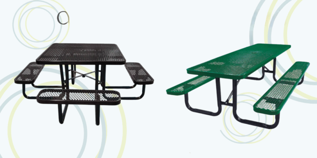 Two colorful picnic tables in a park setting, showcasing different styles for outdoor gatherings and accessibility needs.